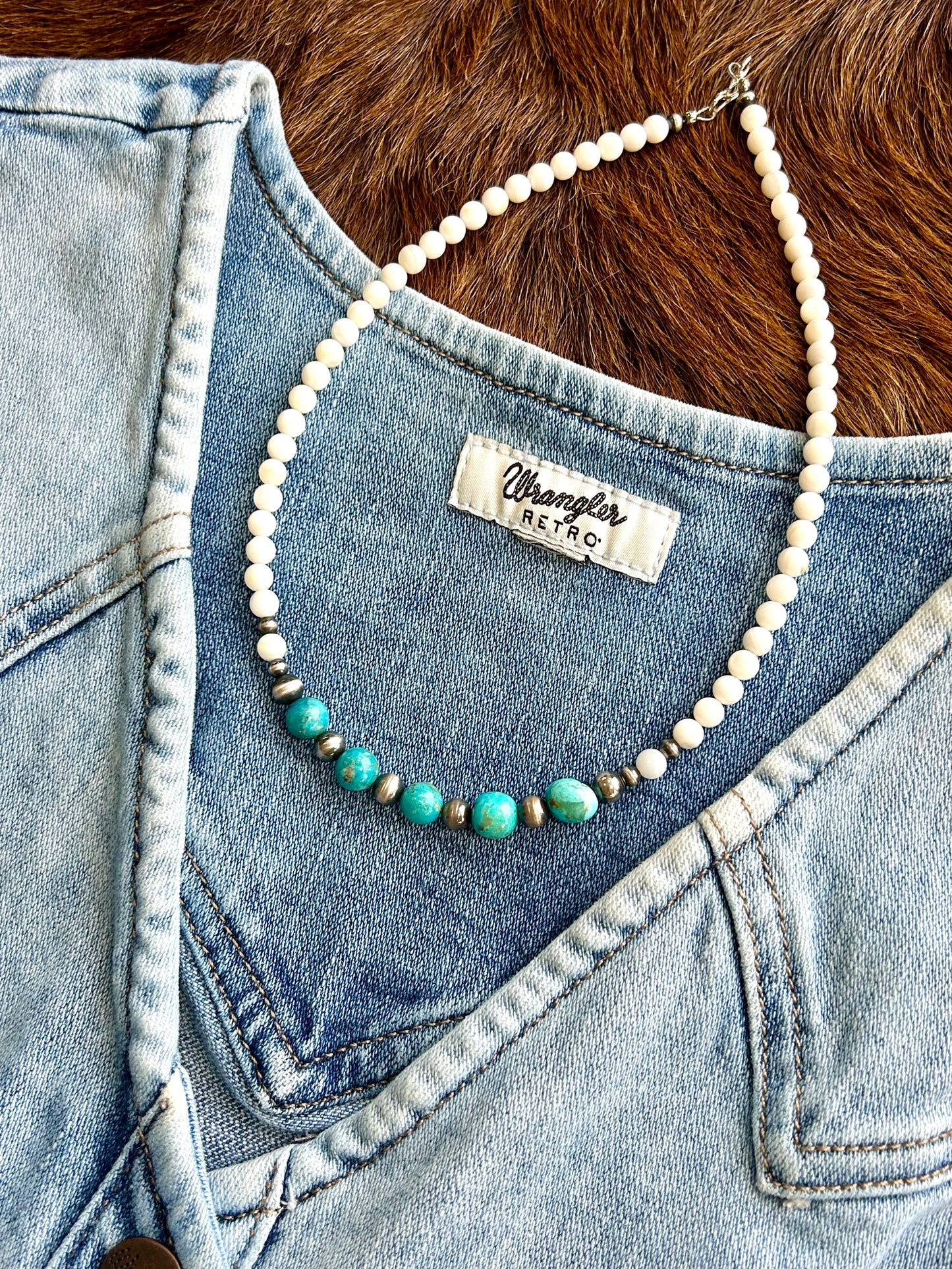 Kingman Turquoise and Navajo Pearl Necklace | 16.5 in