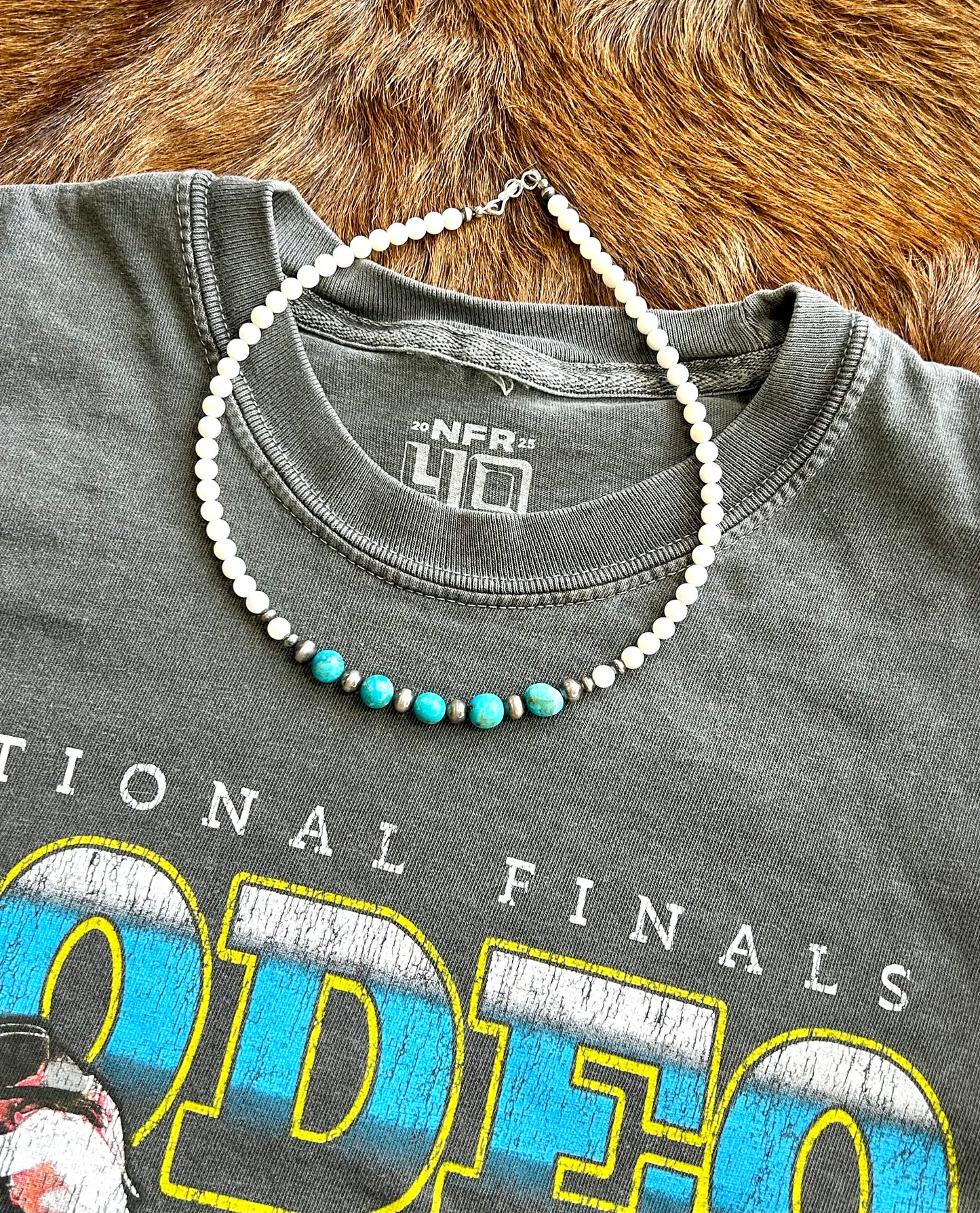 Kingman Turquoise and Navajo Pearl Necklace | 16.5 in