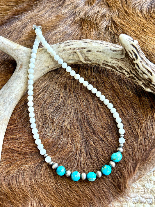 Kingman Turquoise and Navajo Pearl Necklace | 16.5 in