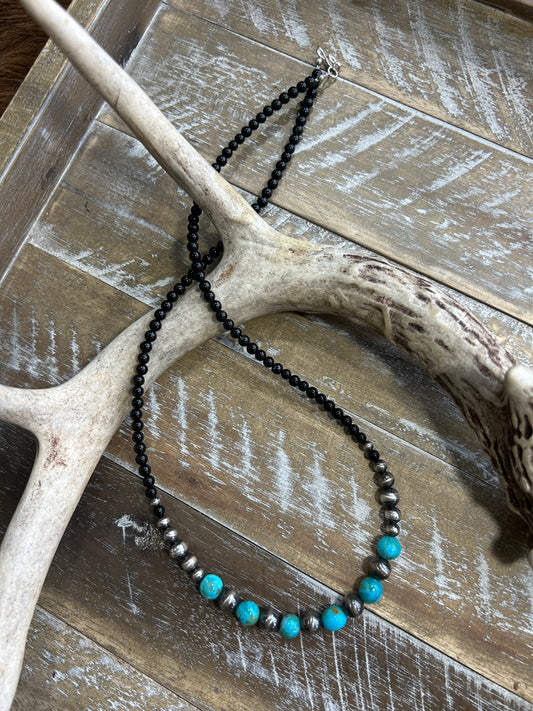 Turquoise, Agate, and Navajo Pearl Necklace | 22 inch