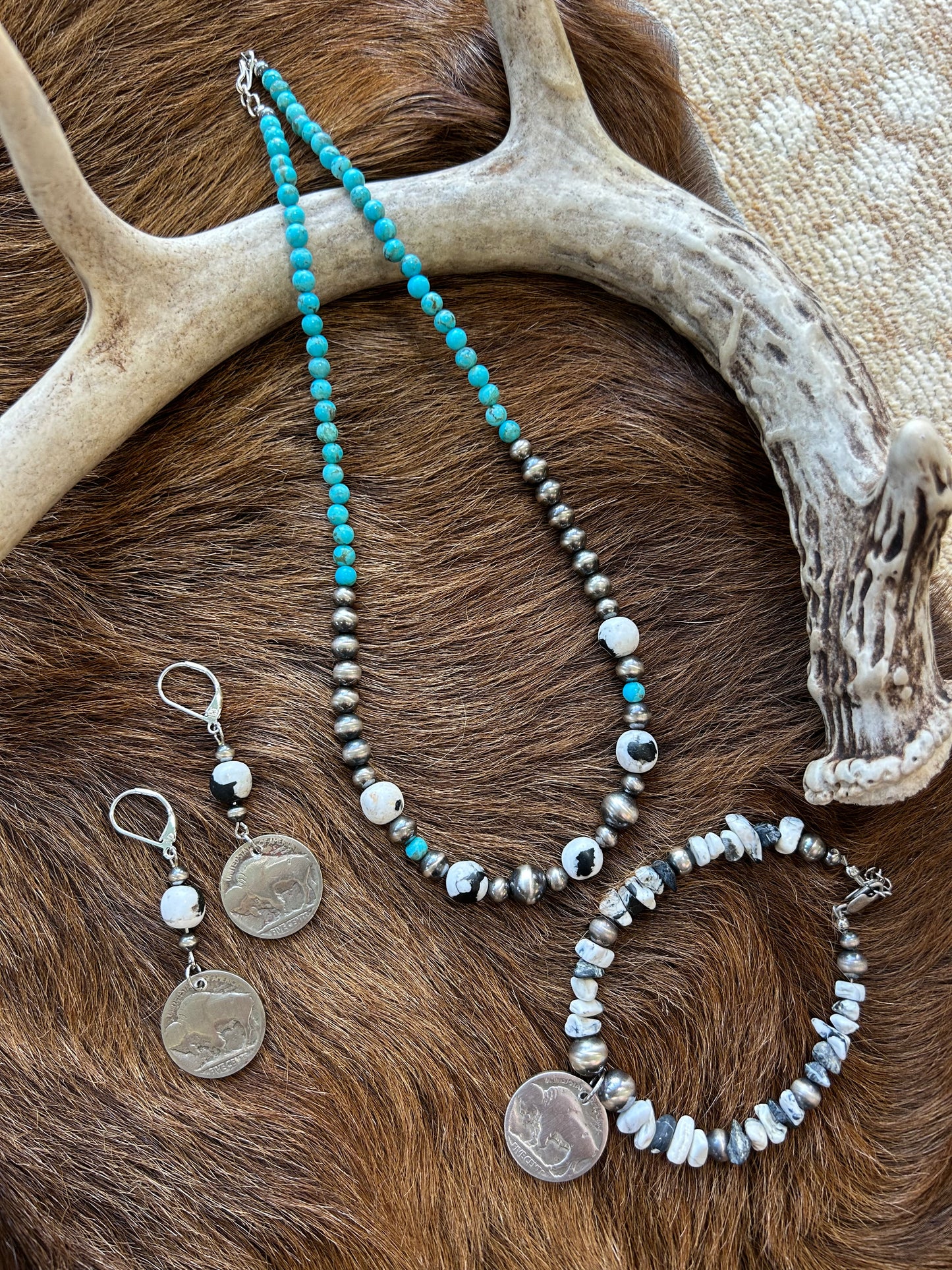 White Buffalo and Buffalo Nickel Sterling Silver Drop Earrings