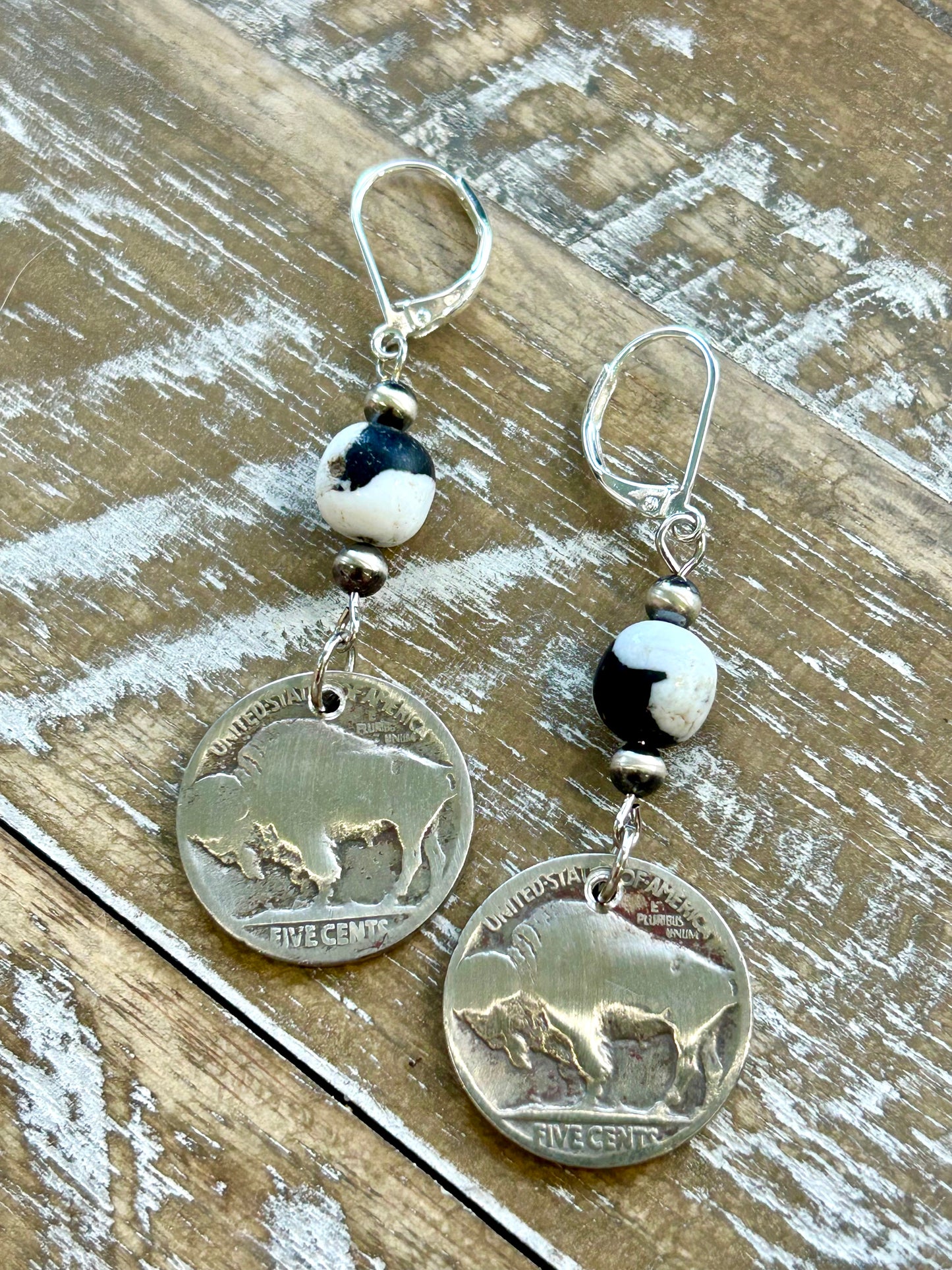White Buffalo and Buffalo Nickel Sterling Silver Drop Earrings