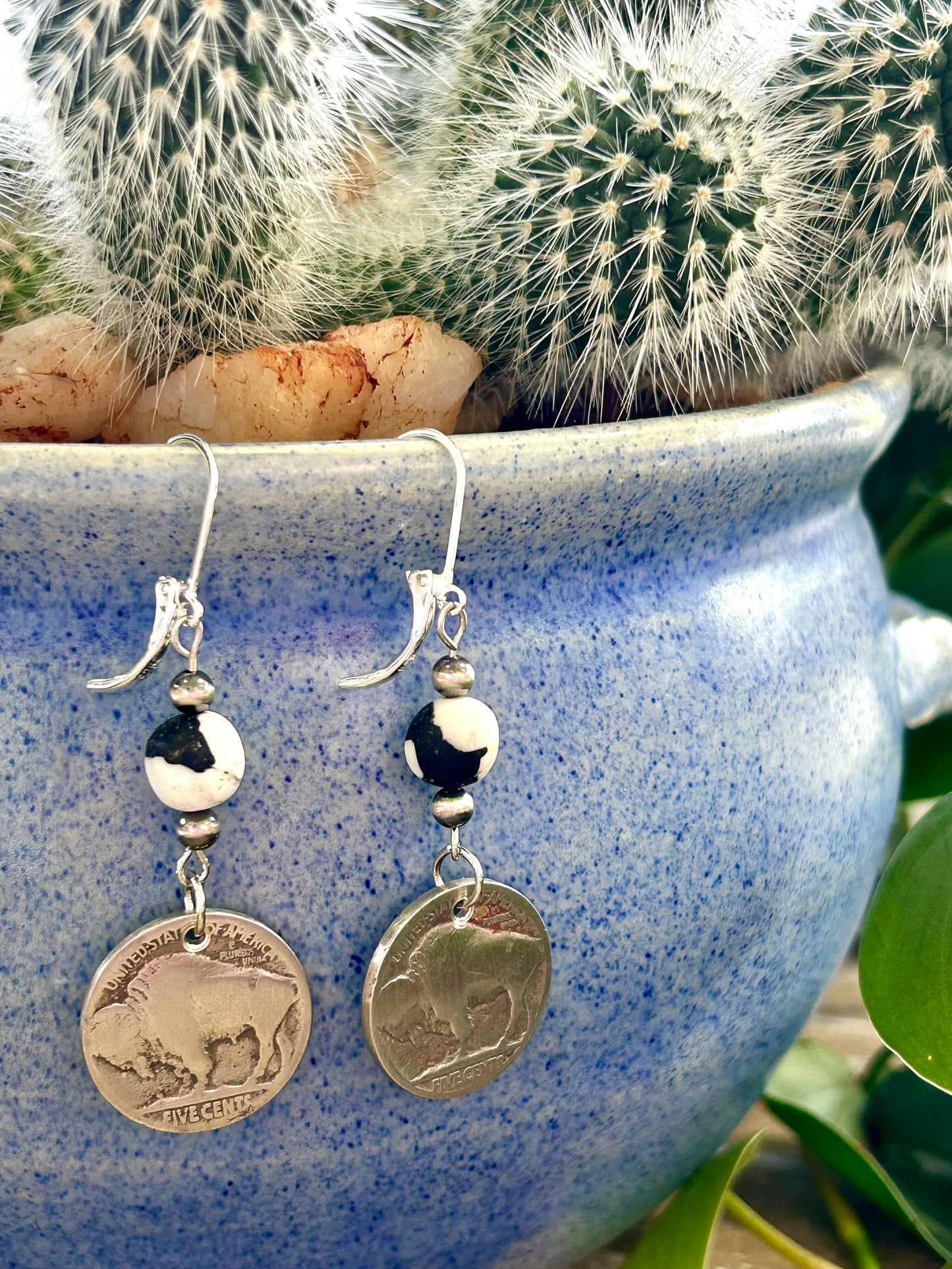 White Buffalo and Buffalo Nickel Sterling Silver Drop Earrings