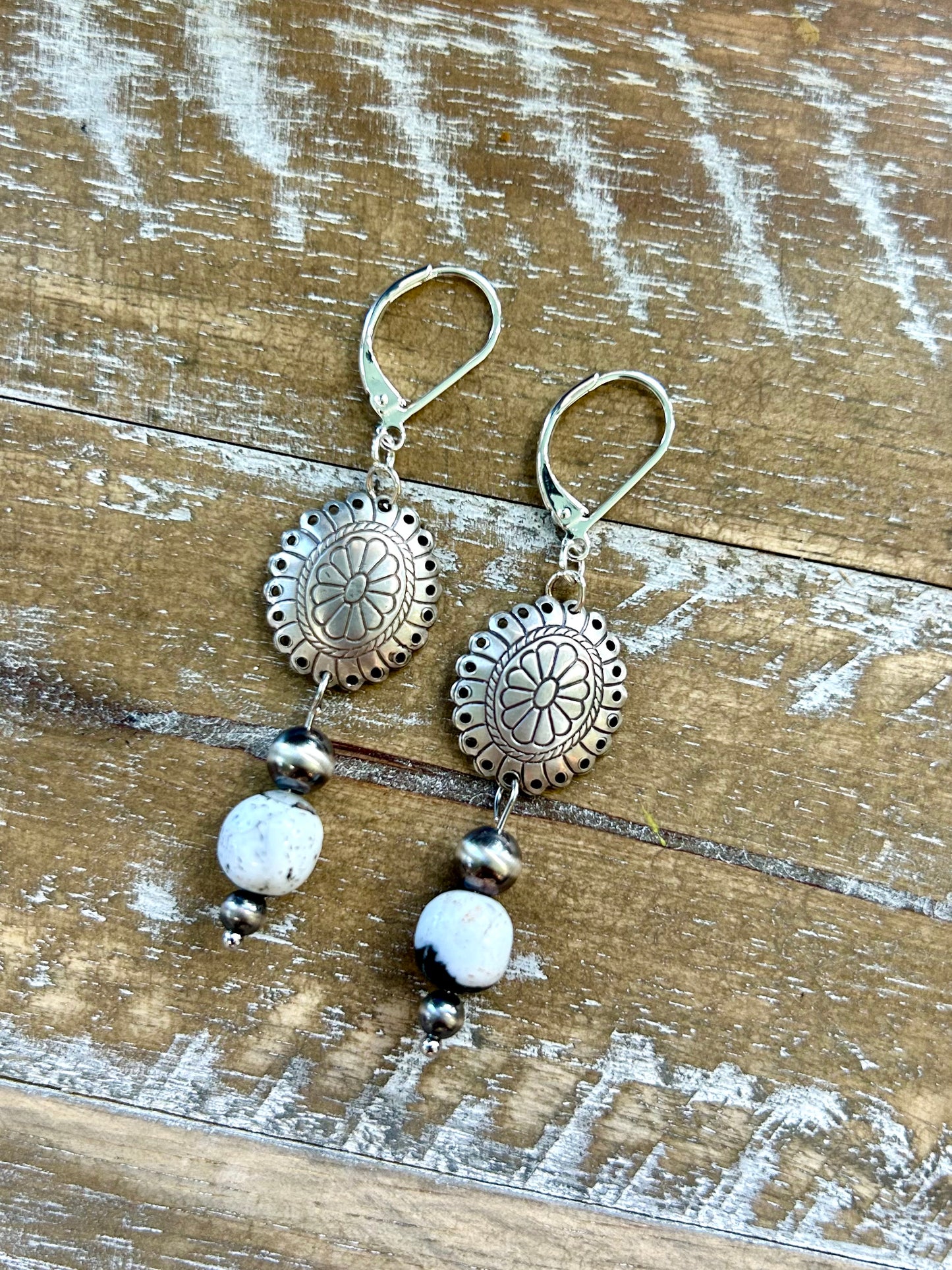 White Buffalo and Silver Concho Drop Earrings