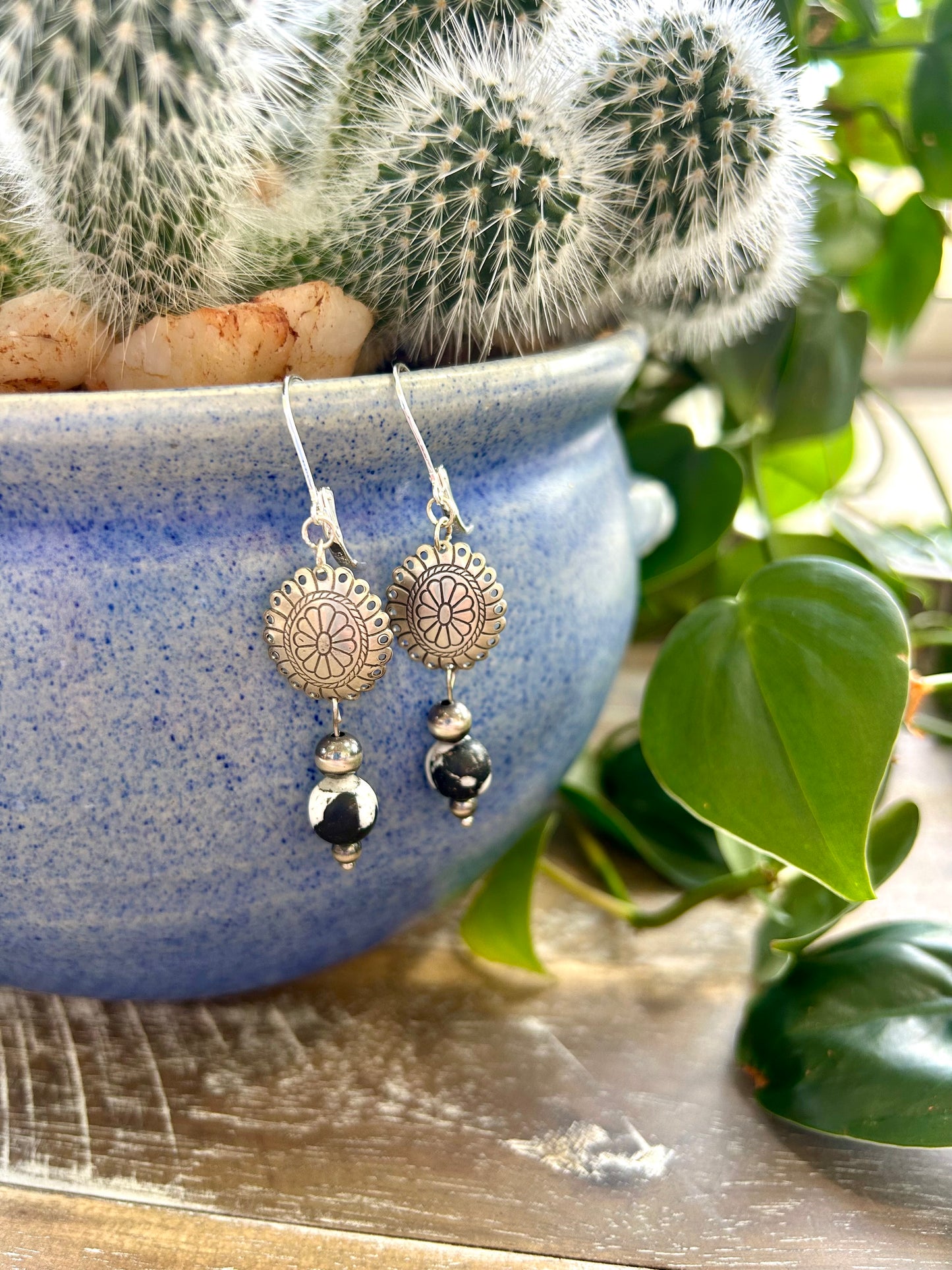 White Buffalo and Silver Concho Drop Earrings